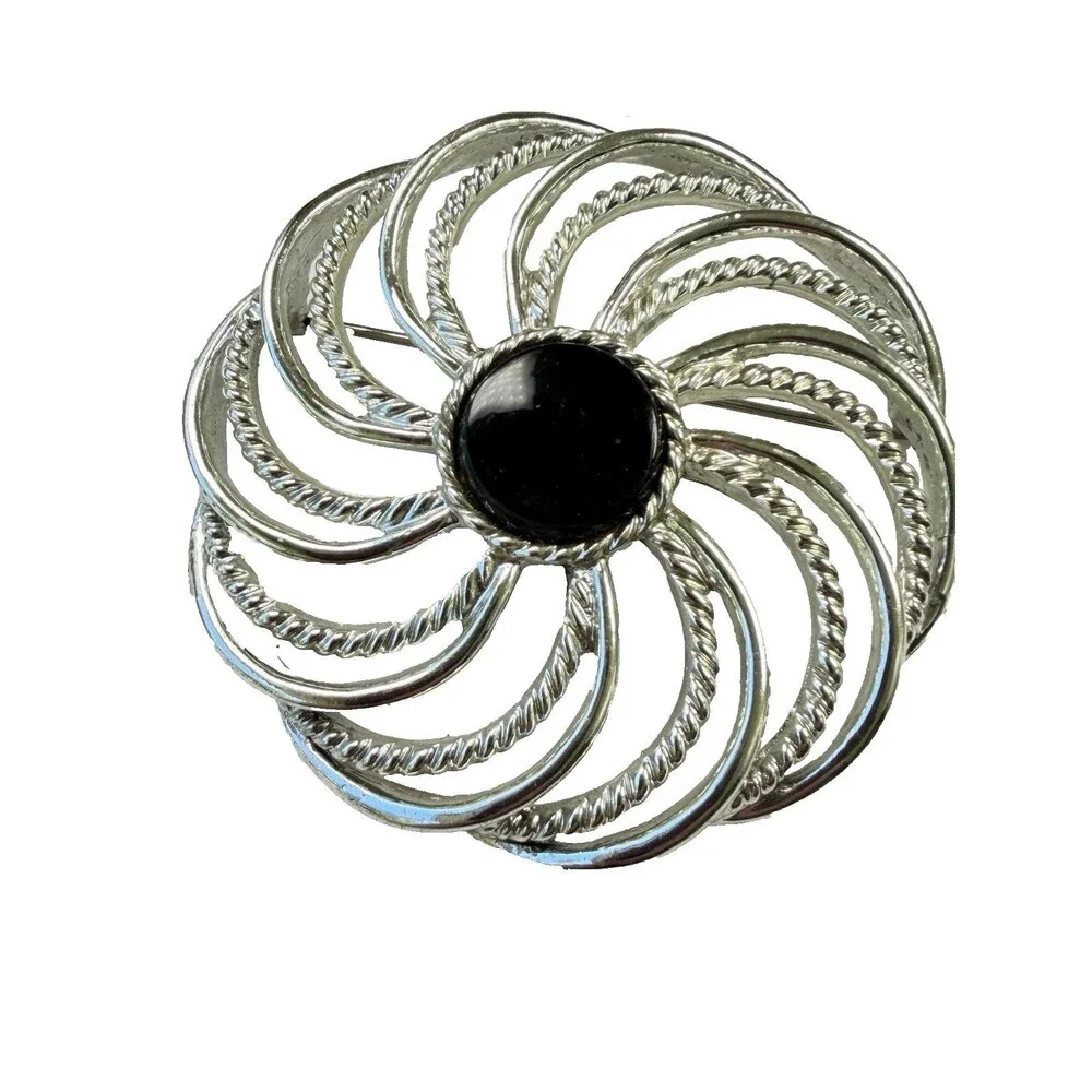 Vintage 1960 Sara Coventry Mystic Swirl Brooch Silver Tone Black Stone Pinwheel